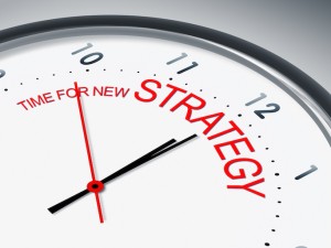 An illustration of a clock with the words time for new strategy